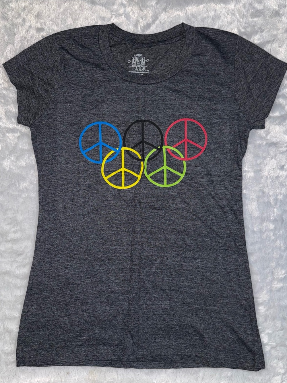 Charcoal Short Sleeve Tee with Multicolor Peace Signs